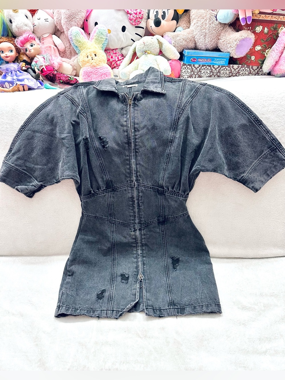 Malibu Bum Black Acid Wash Distressed Denim Romper Mini Dress Size M